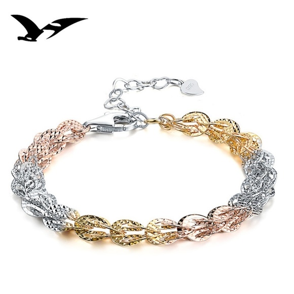 Solid 925 Silver Tri-Tone 14k Gold Plated Bracelet - Picture 2 of 4